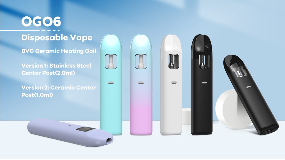 Company product graphic for the OGO6 disposable vape: BVC ceramic heating coil, Version 1 stainless-steel center post 2.0 ml, Version 2 ceramic center post 1.0 ml.